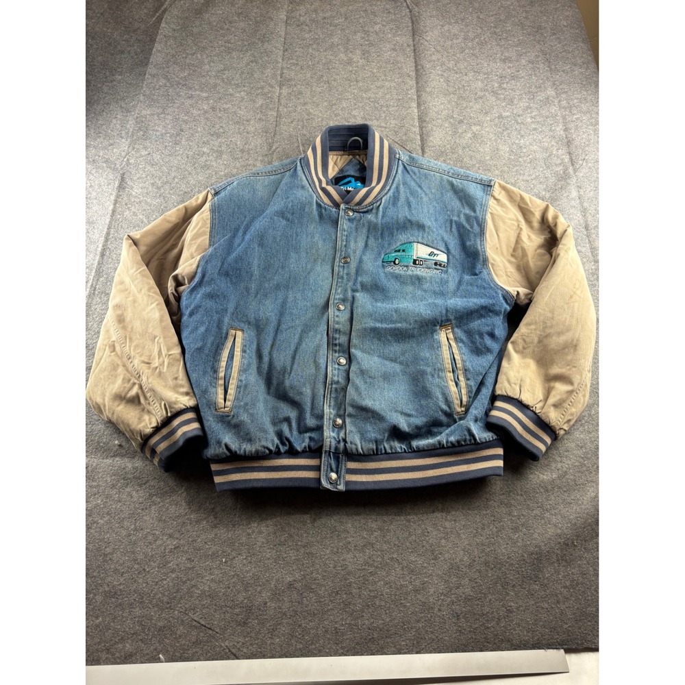 VTG Tri-Mountain Denim Varsity Jacket Gordon Trucking Bomber Workwear Tan Mens L